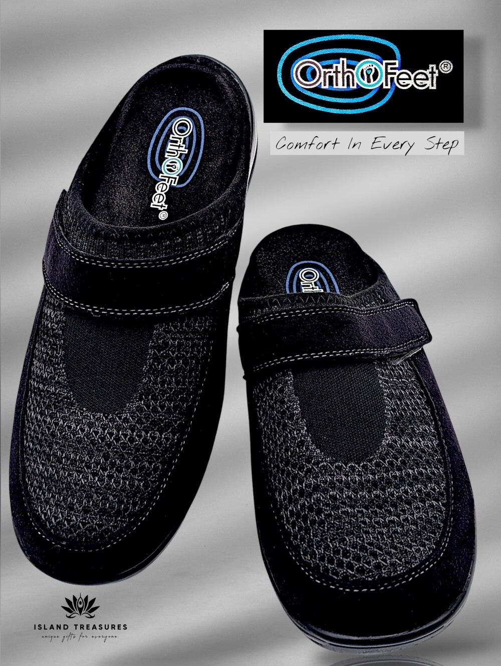 OrthoFeet Louise Sz 8M Ergonomic Footbed Black Strech Mesh